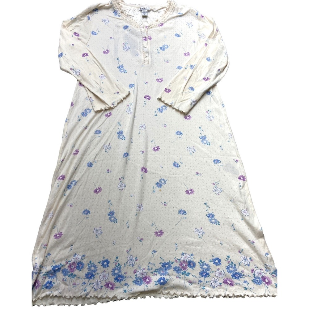 Vintage Villager Woman Nightgown Womens 2X White Floral Henley Liz Claiborne 90s